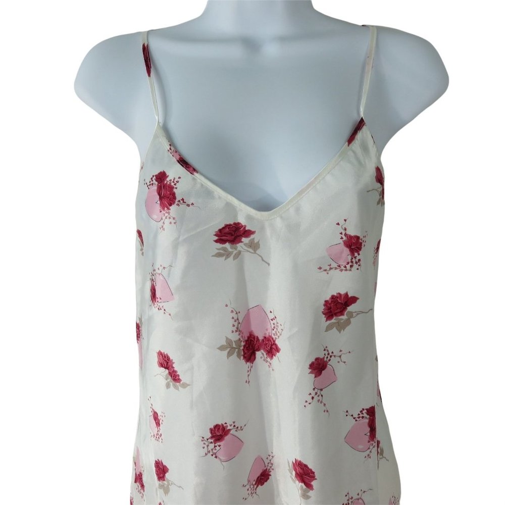 Vintage Alexandra Nicole Slip Night Gown S White Pink Floral Hearts Made in USA